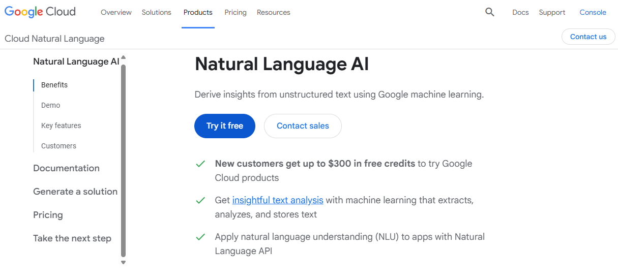 Google Cloud Natural Language API Homepage