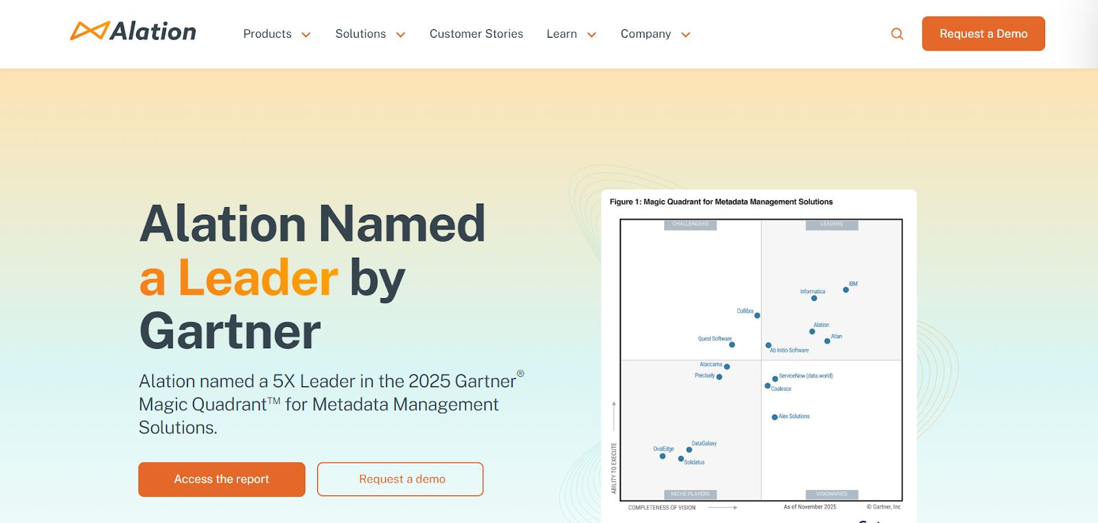 Alation website: "Alation Named a Leader by Gartner" in the 2025 Magic Quadrant for Metadata Management Solutions.