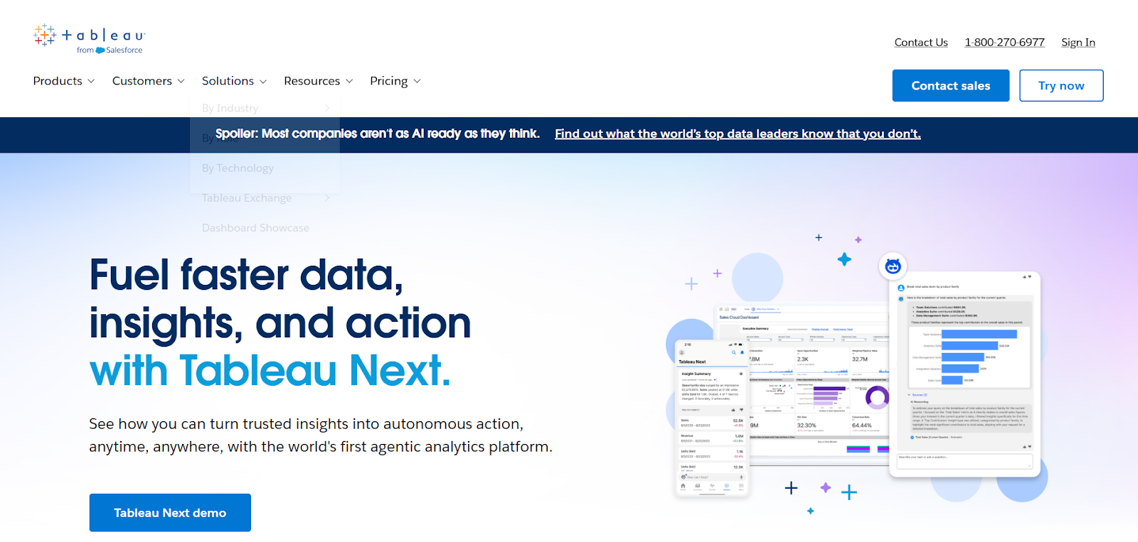 Tableau Next website: "Fuel faster data, insights, and action with Tableau Next." Agentic analytics platform page.
