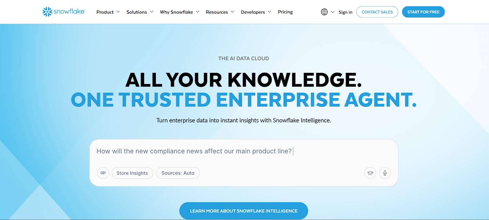 Snowflake website: "All your knowledge. One trusted enterprise agent." Headline for Snowflake Intelligence AI platform.