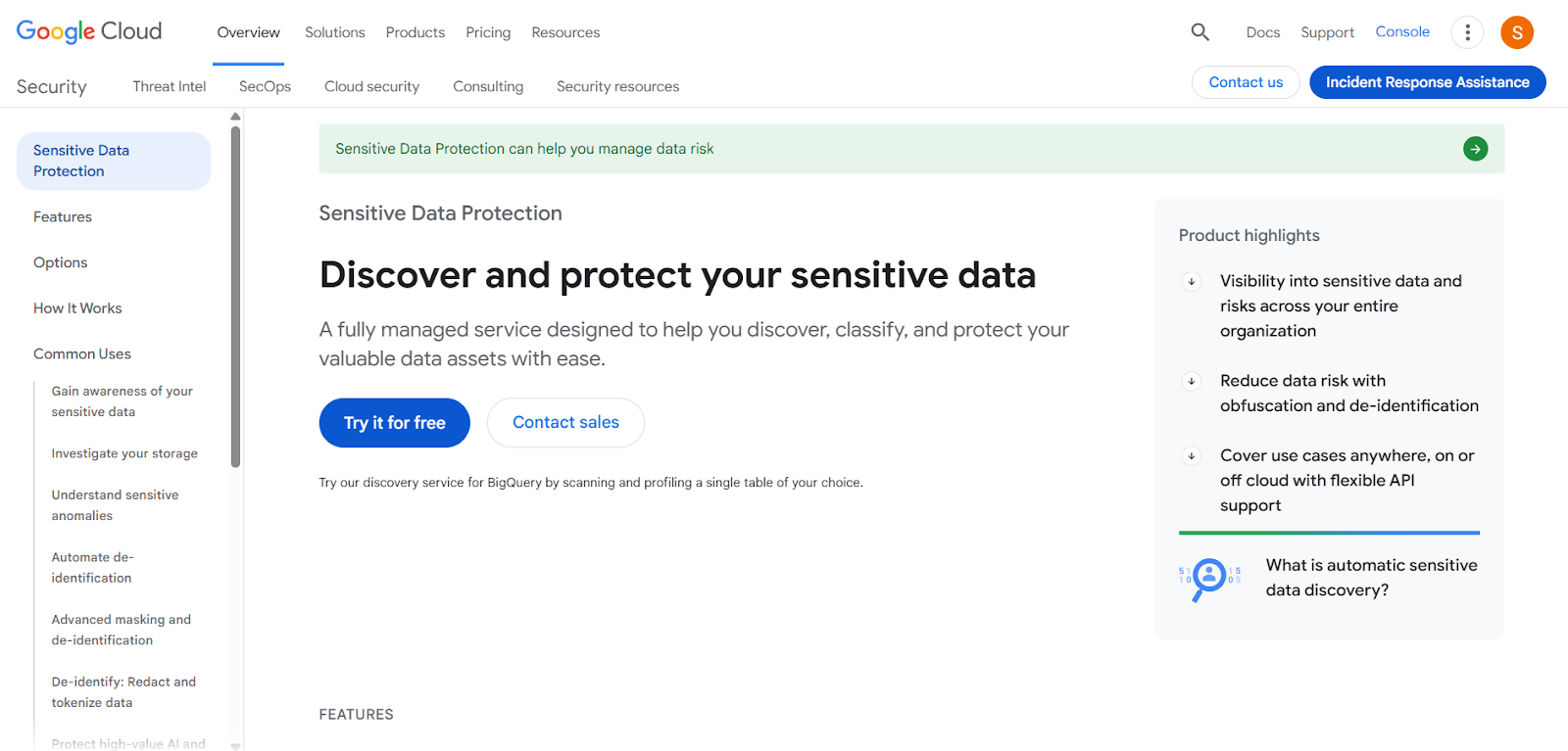 Google Cloud Sensitive Data Protection Homepage