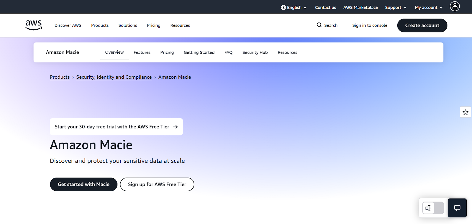 Amazon Macie homepage