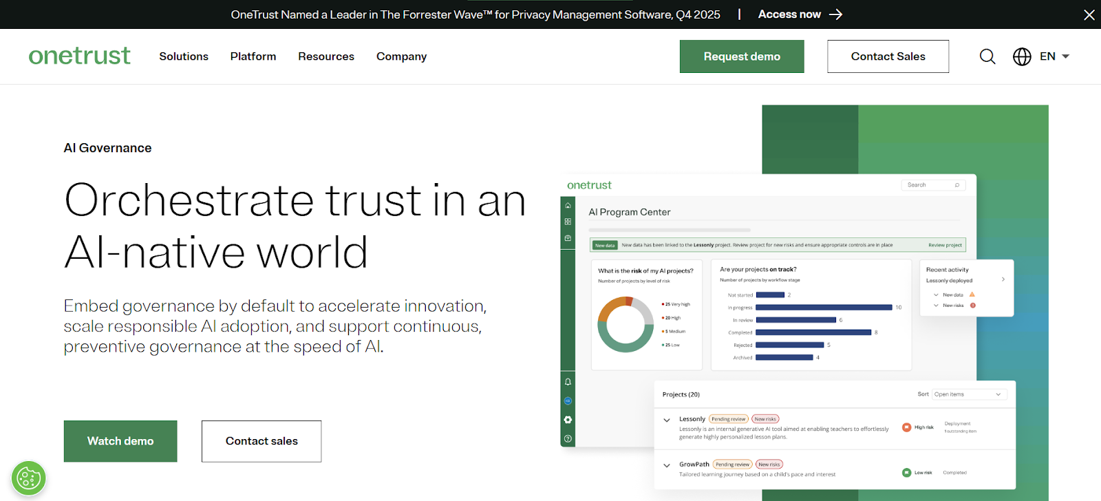 OneTrust AI governance homepage
