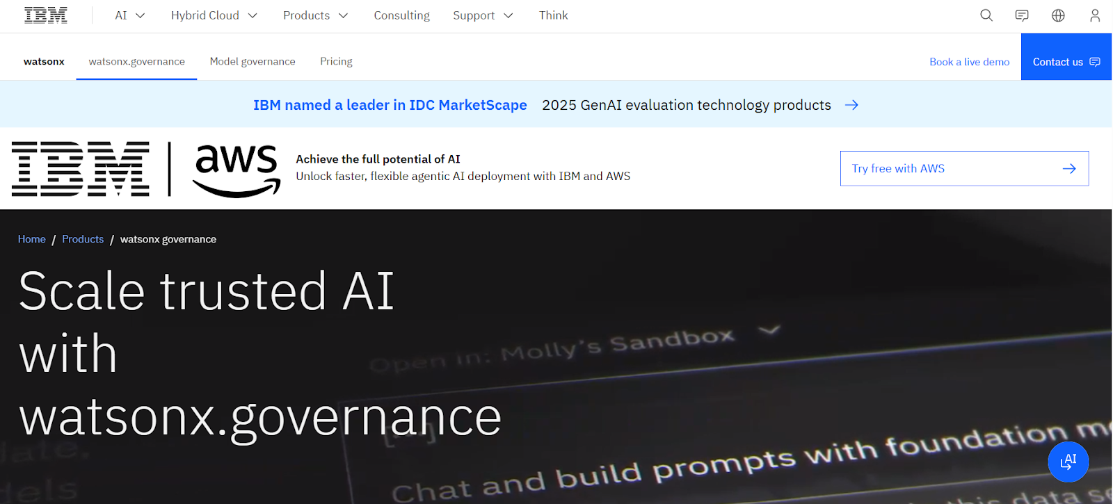 IBM Watsonx. governance homepage