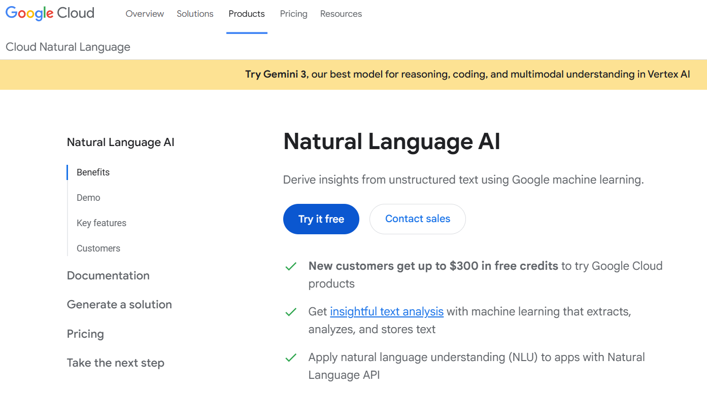 Google Cloud Natural Language API homepage