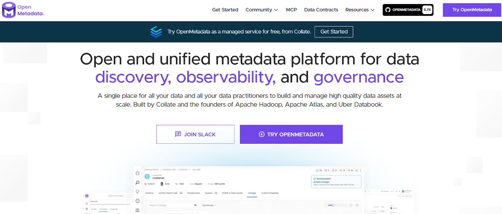 OpenMetadata homepage