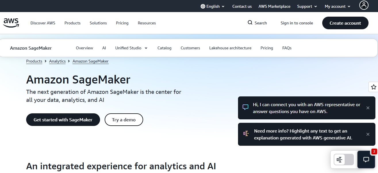 Amazon SageMaker homepage
