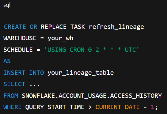 Code to create a task to extract lineage metadata daily